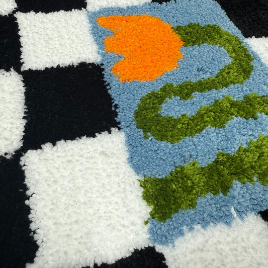 Checkerboard Snake & Flower Tufted Rug | Y2K Danish Pastel Accent Mat - Fucolina