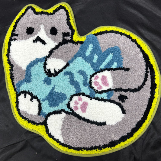 Cute Cat with Fish Tufted Rug | Kawaii Feline Accent Mat for Kids Room - Fucolina
