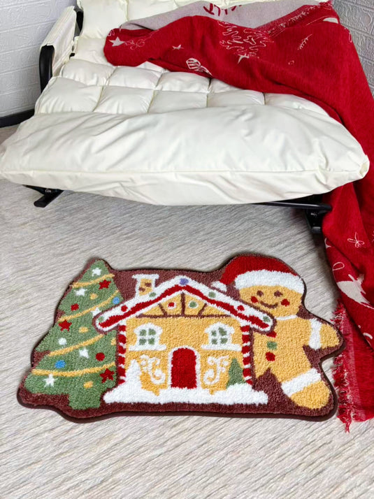 Christmas Themed Plush Rug with Gingerbread Man and Tree Design - Fucolina