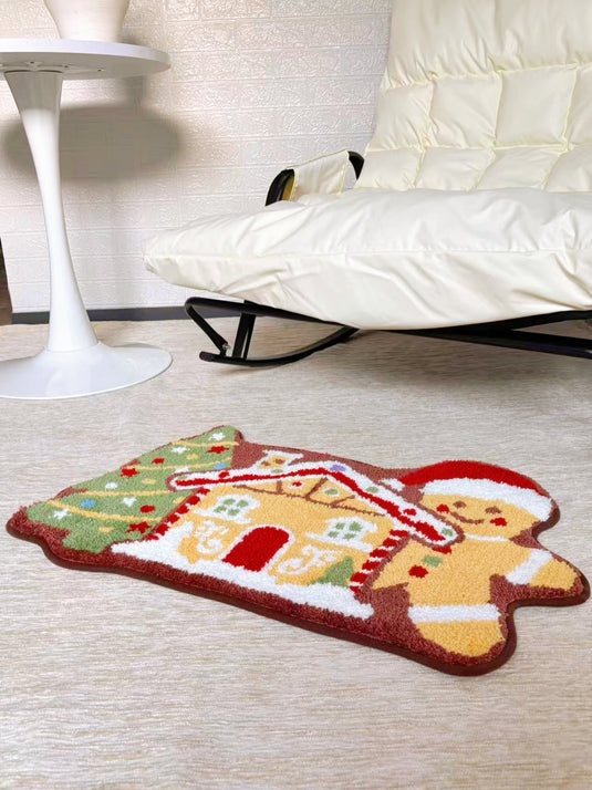 Christmas Themed Plush Rug with Gingerbread Man and Tree Design - Fucolina