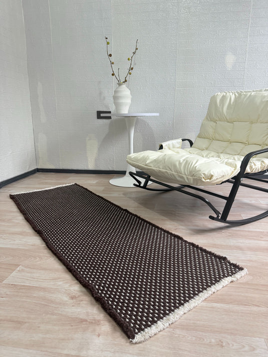 Dark Brown Textured Prayer Rug with Geometric Dot Pattern and Fringe - Fucolina