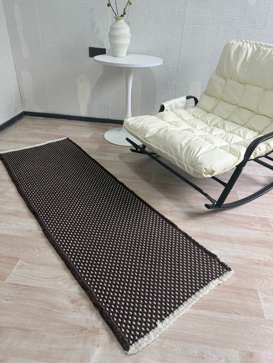Dark Brown Textured Prayer Rug with Geometric Dot Pattern and Fringe - Fucolina