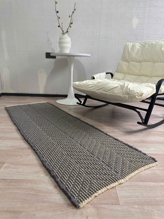 Gray - Beige Geometric Woven Fringed Carpet For Living Room - Fucolina