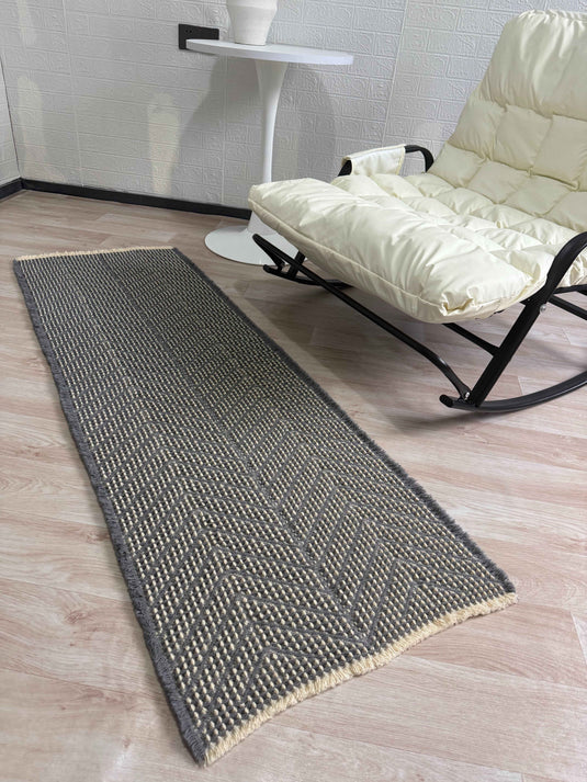 Gray - Beige Geometric Woven Fringed Carpet For Living Room - Fucolina