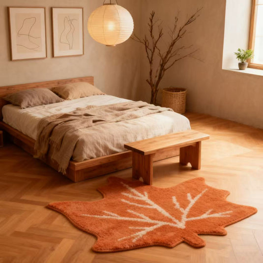 Orange - White Maple Leaf - Shaped Flocked Carpet (Wabi - Sabi Natural - Style Bedroom Side Art Plush Mat)