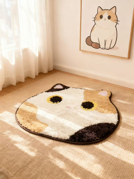 Calico Cat - Shaped Flocked Mat (Healing Pet - Style Bedroom Side Plush Carpet)