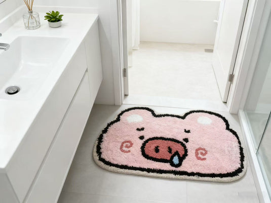 Pink Cute Pig - Shaped Flocked Mat (Kawaii - Style Bathroom Non - Slip Water - Absorbent Plush Foot Mat)