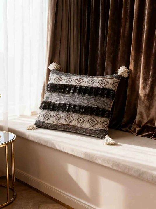 Ethnic - style Geometric - patterned Tassel Jacquard Throw Pillow (Gray - Brown Color) - Fucolina