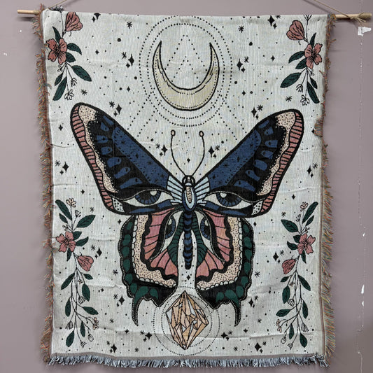 Celestial Butterfly Moon Woven Tapestry | Mystical Witchy Boho Wall Decor - Fucolina