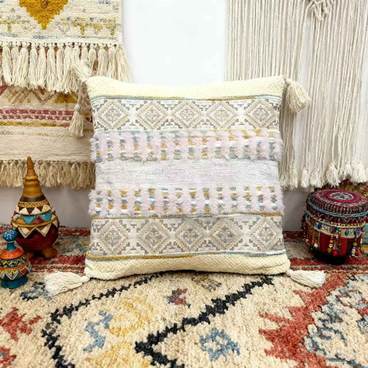 Ethnic - style Geometric - patterned Tassel Jacquard Throw Pillow (Soft Pink - Beige Color) - Fucolina