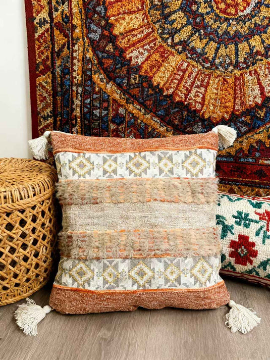 Ethnic - style Geometric - patterned Tassel Jacquard Throw Pillow (Warm Brown Retro Color) - Fucolina