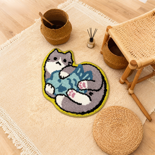 Cute Cat with Fish Tufted Rug | Kawaii Feline Accent Mat for Kids Room - Fucolina
