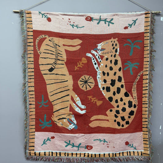"Jungle Dance" Tiger & Leopard Woven Tapestry | Bohemian Folk Art Blanket - Fucolina