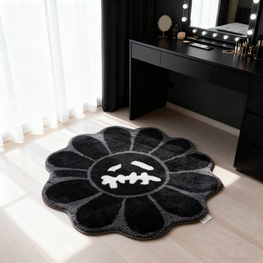 Takashi Murakami Inspired Flower Tufted Rug | Black & Grey Kaikai Kiki Art Mat - Fucolina