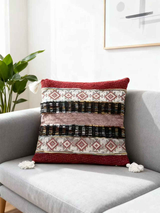 Ethnic - style Geometric - patterned Tassel Jacquard Throw Pillow (Red - Brown Retro Color) - Fucolina