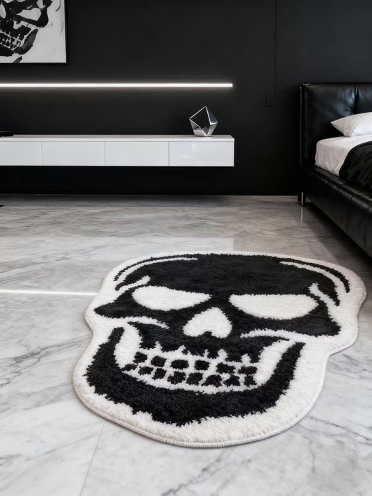 Black and White Skull - Shaped Flocked Carpet (Industrial Style Dark - Tone Living Room & Bedroom Art Plush Mat)