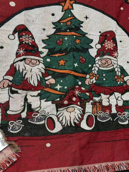 Red Merry Christmas Gnomes Woven Blanket | Festive Holiday Tapestry Decor - Fucolina