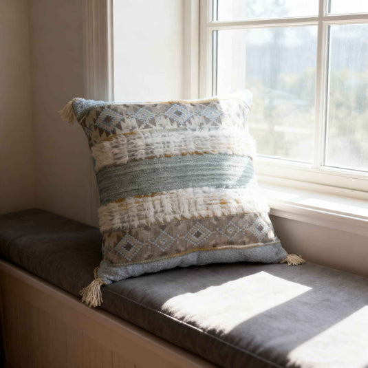 Ethnic geometric pattern tassel jacquard pillow (fresh blue-gray) - Fucolina