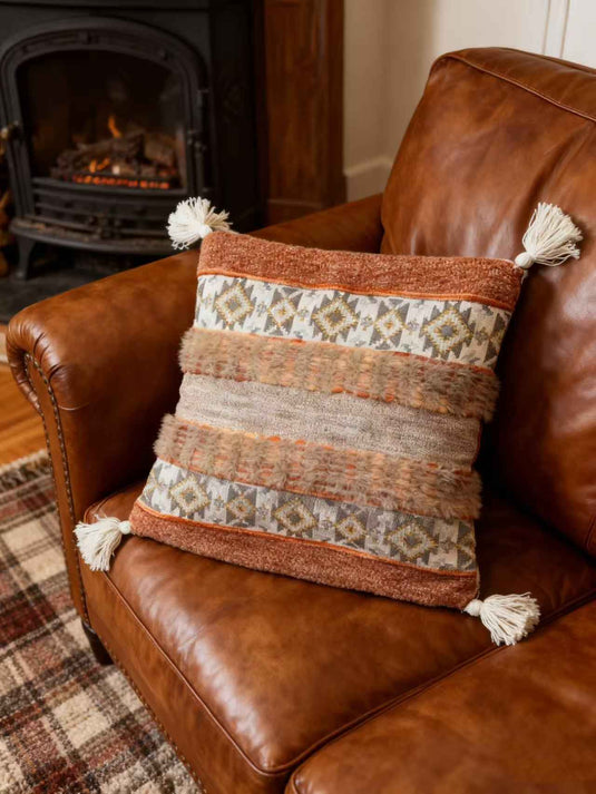 Ethnic - style Geometric - patterned Tassel Jacquard Throw Pillow (Warm Brown Retro Color) - Fucolina