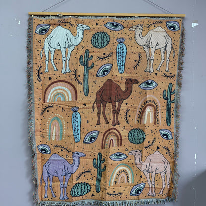 "Desert Caravan" Camel & Cactus Woven Tapestry | Eclectic Boho Wall Art - Fucolina