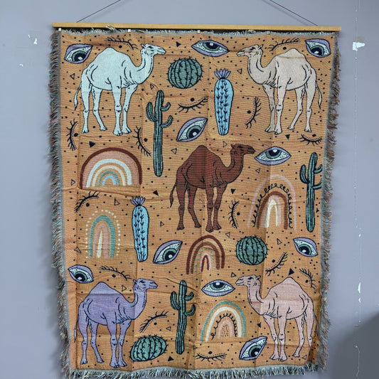 "Desert Caravan" Camel & Cactus Woven Tapestry | Eclectic Boho Wall Art - Fucolina