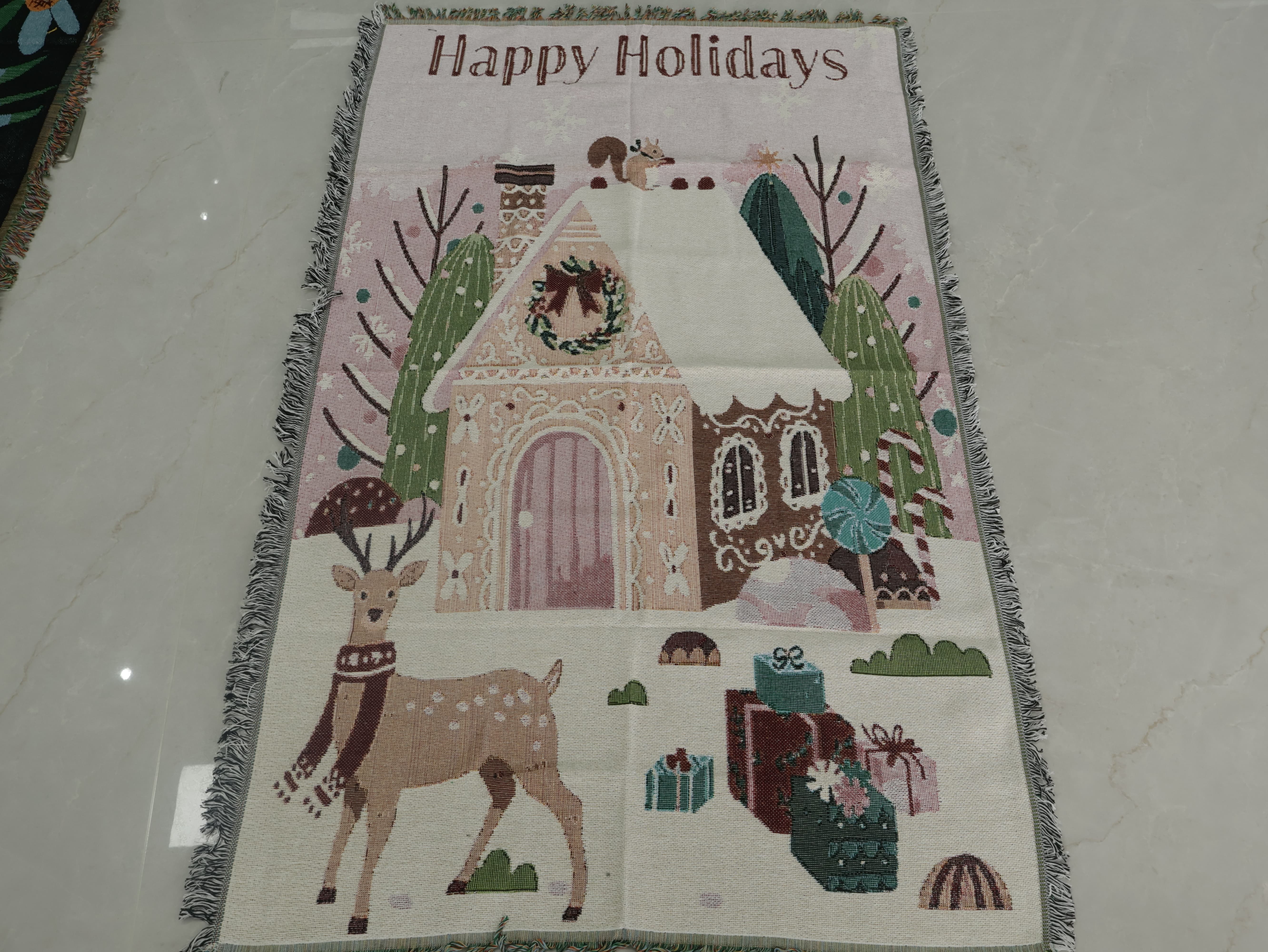 Whimsical Holiday Gingerbread Jacquard Wall Tapestry | Cream & Pink | OEM/ODM Low MOQ