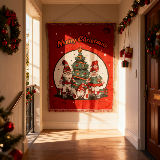 Red Merry Christmas Gnomes Woven Blanket | Festive Holiday Tapestry Decor - Fucolina