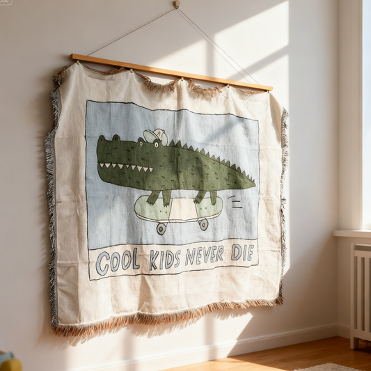 Cool Skater Crocodile Woven Throw Blanket | Kids Cartoon Tapestry & Sofa Cover | Cool Kids Never Sleep - Fucolina
