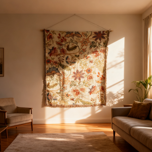 Vintage Floral Woven Tapestry Blanket | Botanical Garden Wall Hanging Decor - Fucolina