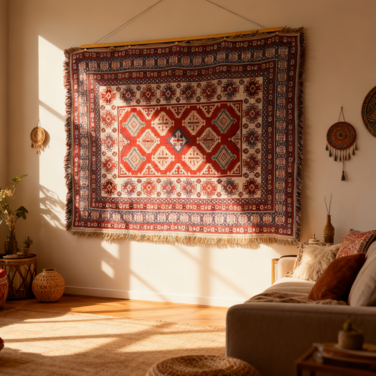 Bohemian Geometric Woven Tapestry Blanket | Kilim Style Tribal Wall Hanging - Fucolina