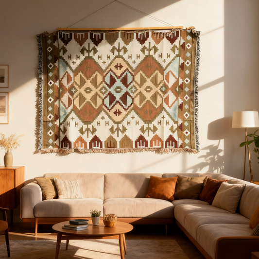 Earthy Geometric Woven Tapestry Blanket | Modern Farmhouse Boho Wall Decor - Fucolina