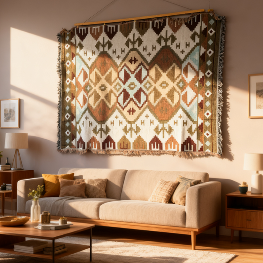 Earthy Geometric Woven Tapestry Blanket | Modern Farmhouse Boho Wall Decor - Fucolina