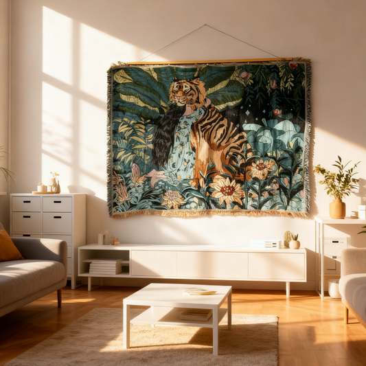 "Jungle Dream" Tiger and Woman Woven Tapestry | Bohemian Forest Wall Hanging - Fucolina