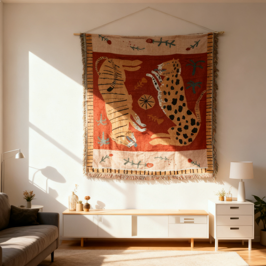 "Jungle Dance" Tiger & Leopard Woven Tapestry | Bohemian Folk Art Blanket - Fucolina