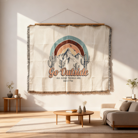 "Go Outside" Woven Tapestry Blanket | Wild & Free Mountain Desert Decor - Fucolina