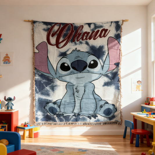 "Ohana Means Family" Stitch Woven Tapestry | Lilo & Stitch Character Blanket - Fucolina