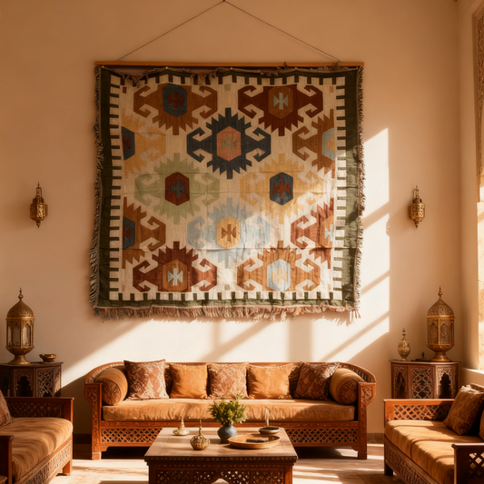 Kilim Style Geometric Patchwork Woven Blanket | Folk Art Farmhouse Tapestry - Fucolina