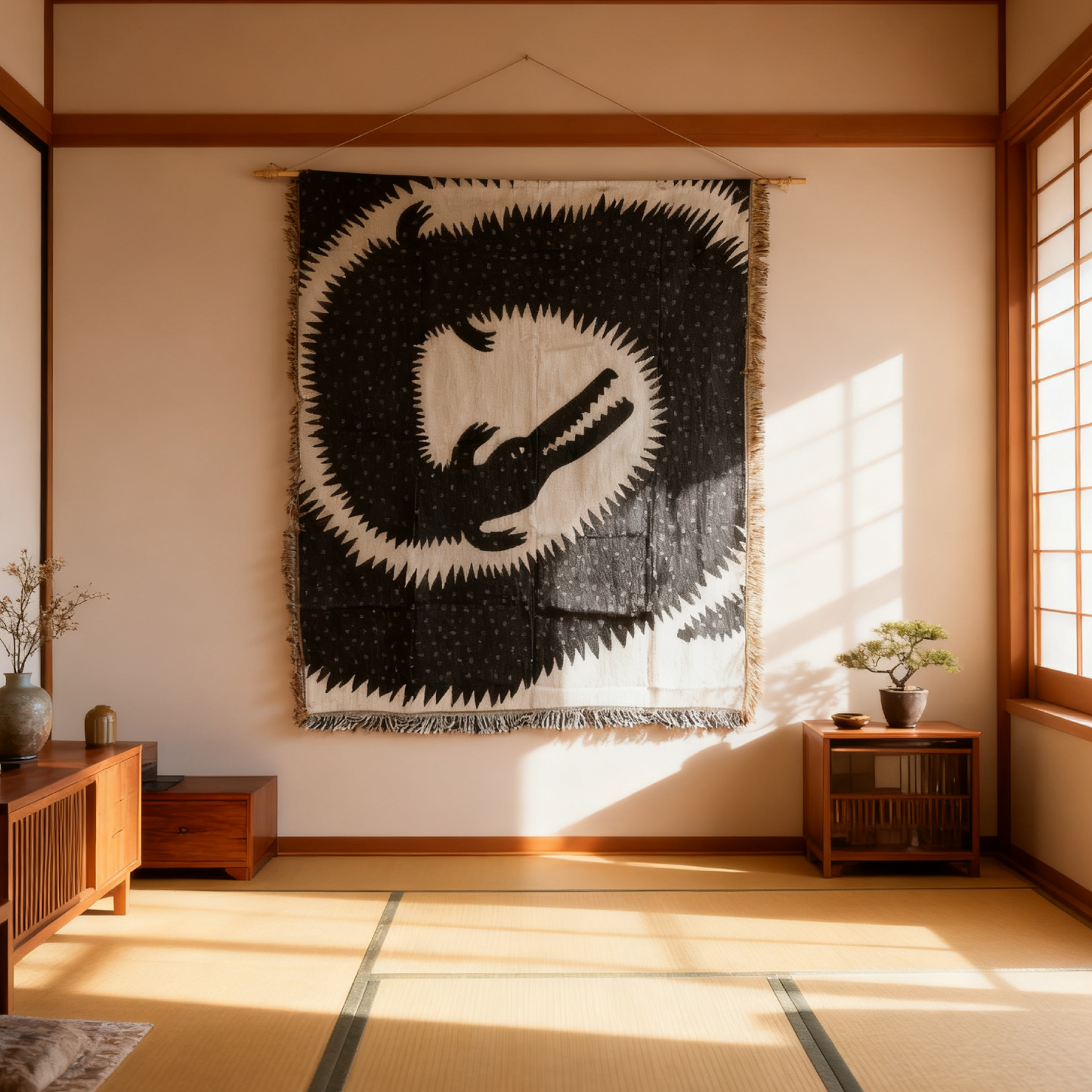 Spiral Alligator Woven Tapestry Blanket | Black & White Graphic Crocodile Art - Fucolina