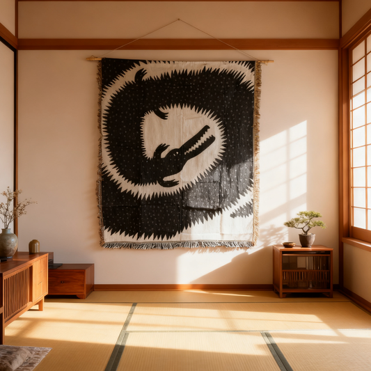 Spiral Alligator Woven Tapestry Blanket | Black & White Graphic Crocodile Art - Fucolina