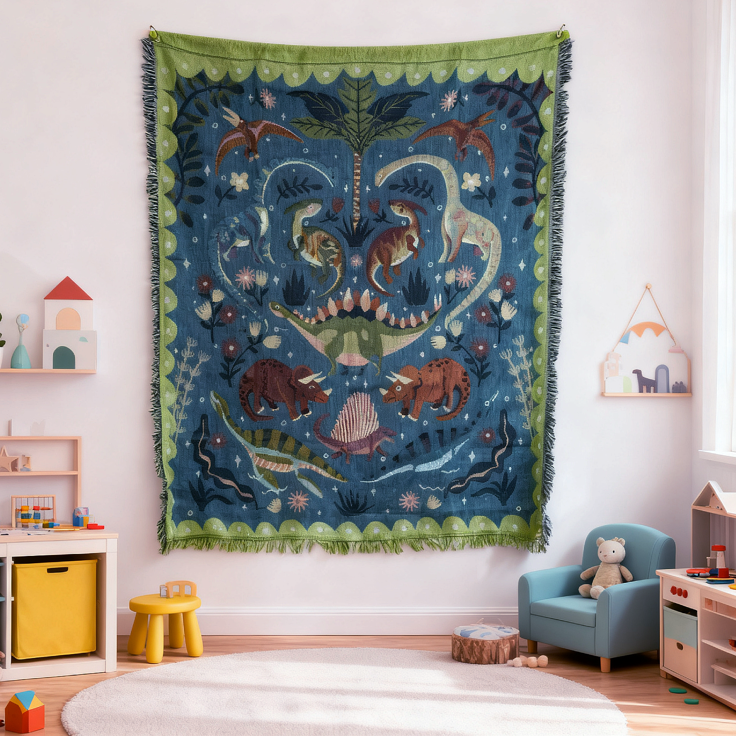 "Jurassic Garden" Dinosaur Woven Tapestry | Folk Art Prehistoric Blanket - Fucolina