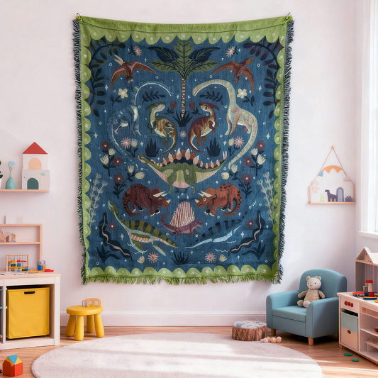 "Jurassic Garden" Dinosaur Woven Tapestry | Folk Art Prehistoric Blanket - Fucolina
