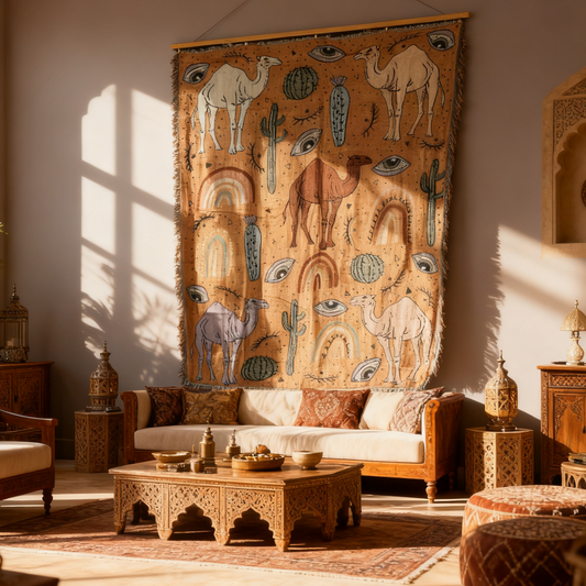 "Desert Caravan" Camel & Cactus Woven Tapestry | Eclectic Boho Wall Art - Fucolina