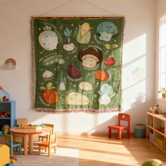 "Cute Veggie Friends" Woven Tapestry | Kawaii Vegetable Kitchen & Nursery Decor - Fucolina