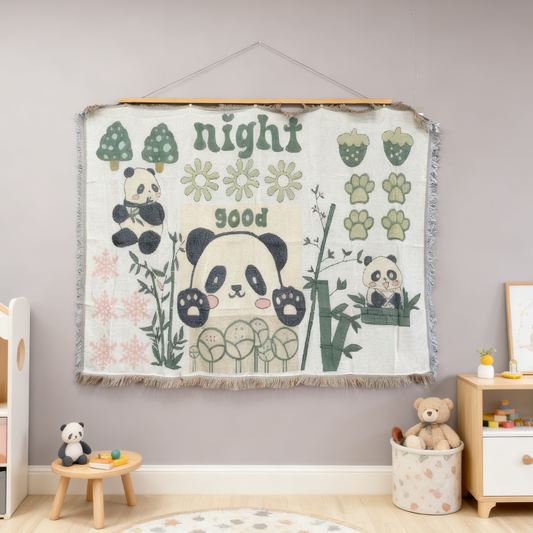 "Good Night Panda" Woven Tapestry Blanket | Cute Kawaii Kids Room & Nursery Decor - Fucolina