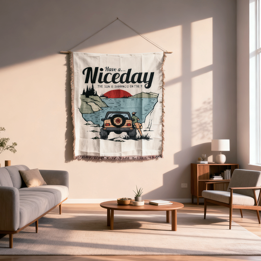 "Have a Nice Day" Woven Tapestry Blanket | Retro Off-Road Adventure Decor - Fucolina