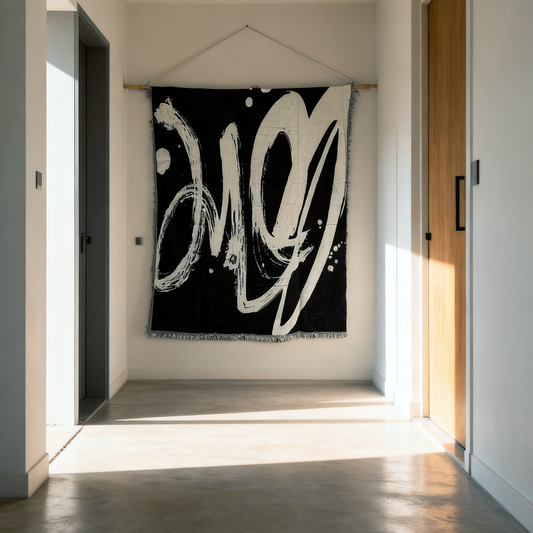 Abstract Brushstroke Woven Tapestry | Black & White Modern Graffiti Art Blanket - Fucolina