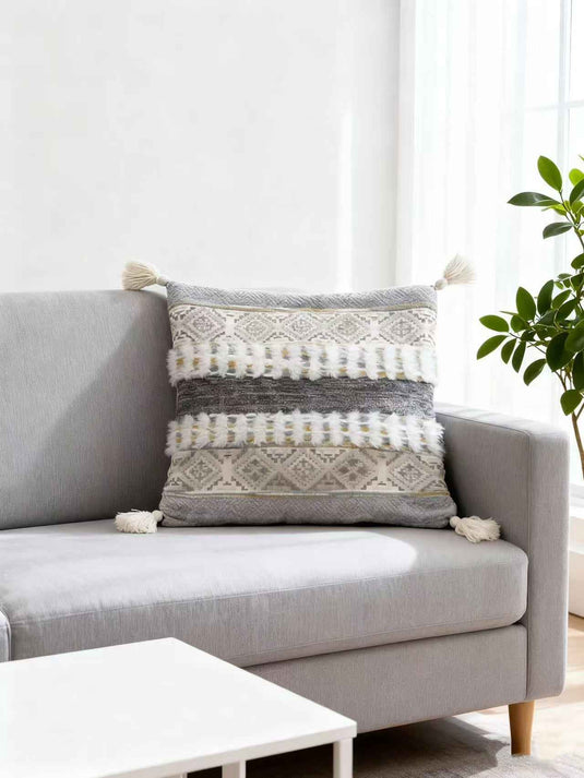 Ethnic - style Geometric - patterned Tassel Jacquard Throw Pillow (Light Gray - Beige Color) - Fucolina