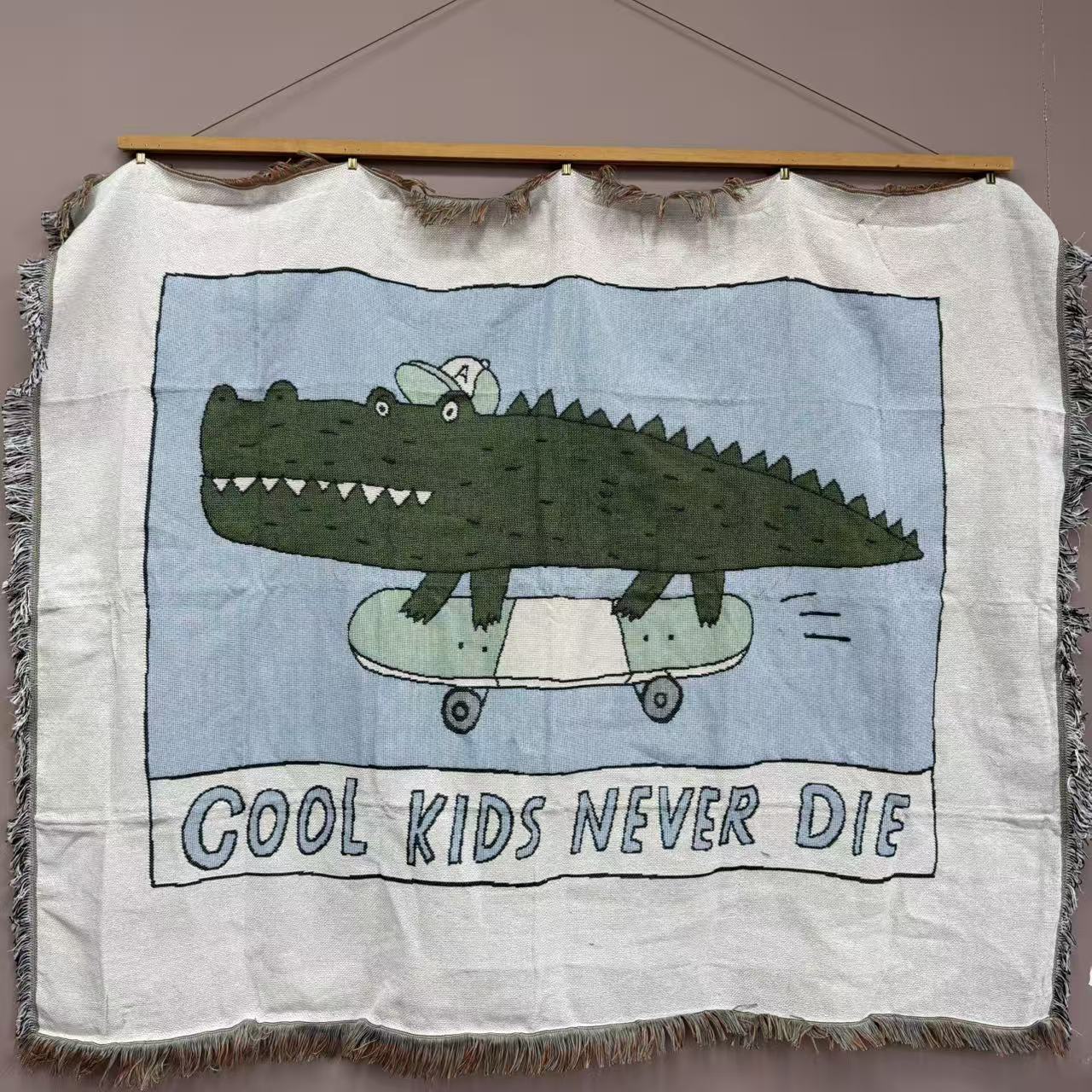 Cool Skater Crocodile Woven Throw Blanket | Kids Cartoon Tapestry & Sofa Cover | Cool Kids Never Sleep - Fucolina