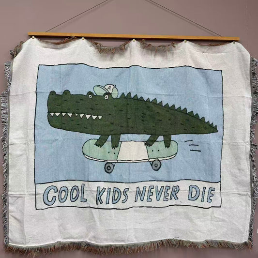 Cool Skater Crocodile Woven Throw Blanket | Kids Cartoon Tapestry & Sofa Cover | Cool Kids Never Sleep - Fucolina