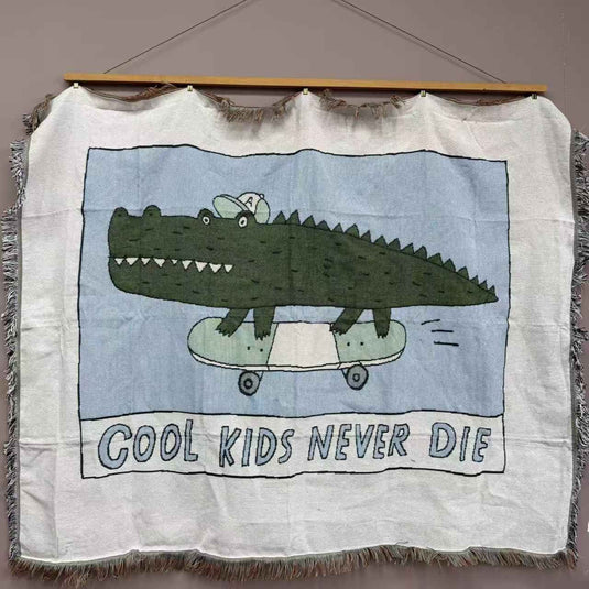 Cool Skater Crocodile Woven Throw Blanket | Kids Cartoon Tapestry & Sofa Cover | Cool Kids Never Sleep - Fucolina